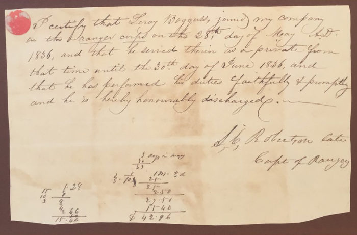 The Texas Rangers with Pay Voucher for Service in 1836